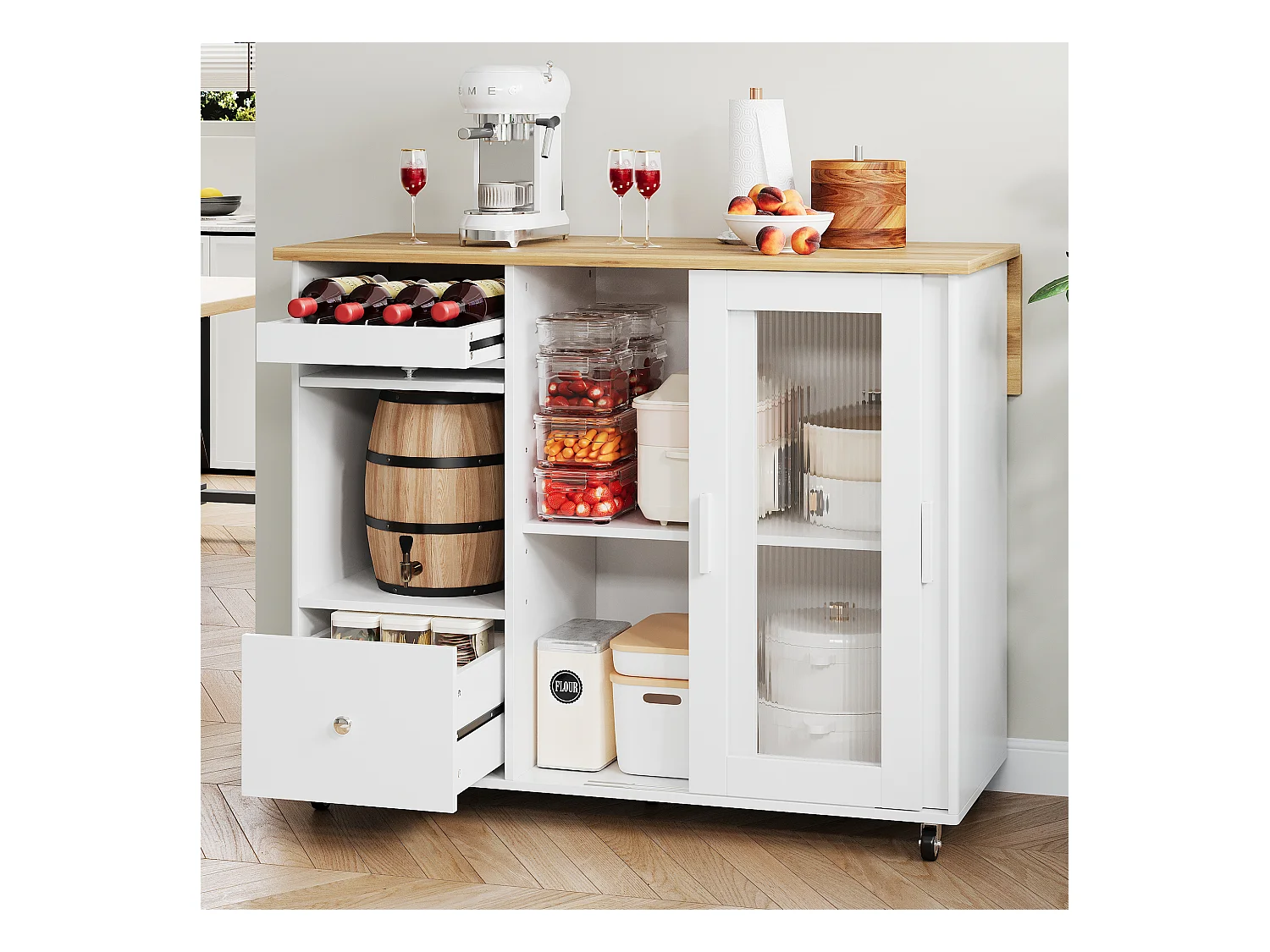 Ilot central de cuisine mobile - plateau extensible - 2 tiroirs et 2 portes coulissante - MDF - Blanc