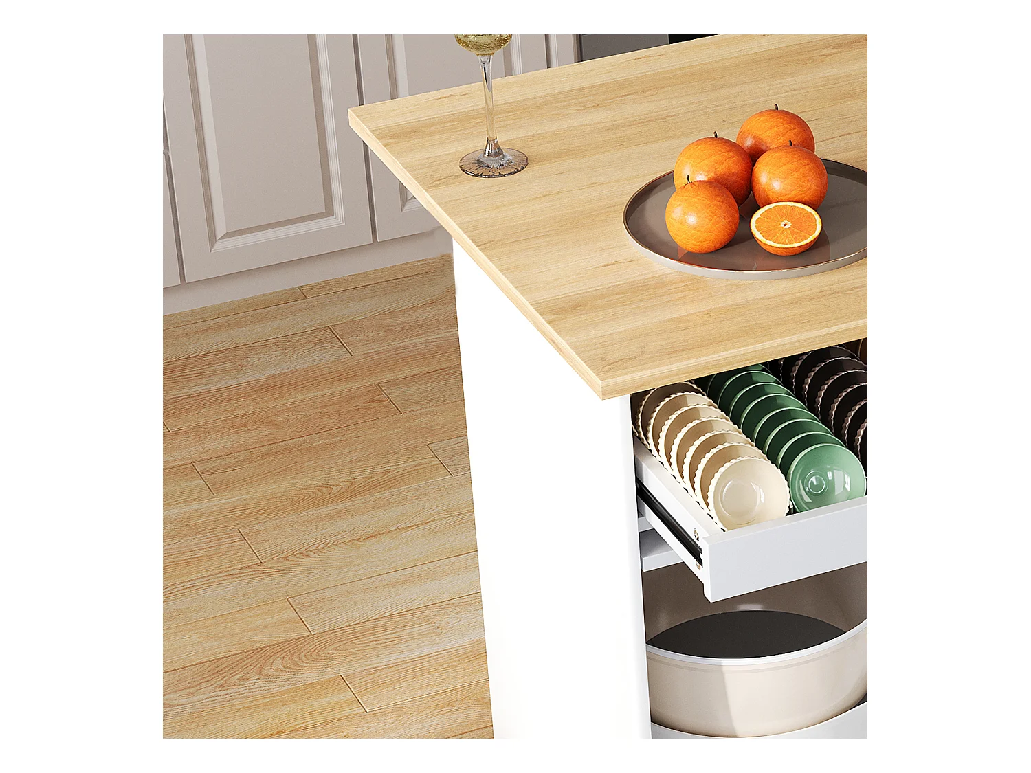 Ilot central de cuisine mobile - plateau extensible - 2 tiroirs et 2 portes coulissante - MDF - Blanc