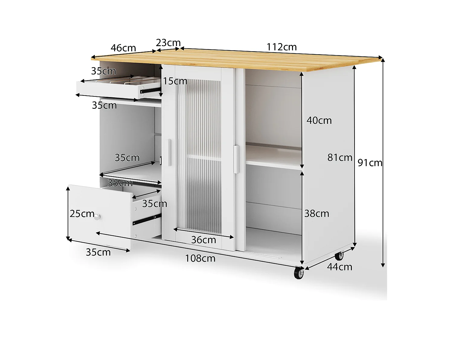 Ilot central de cuisine mobile - plateau extensible - 2 tiroirs et 2 portes coulissante - MDF - Blanc