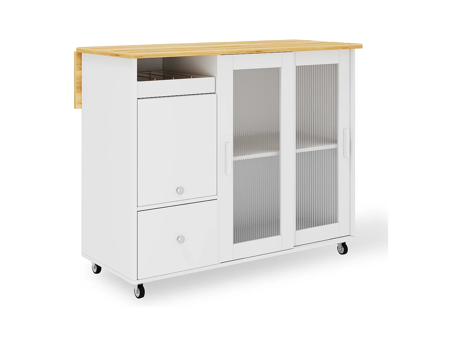 Ilot central de cuisine mobile - plateau extensible - 2 tiroirs et 2 portes coulissante - MDF - Blanc