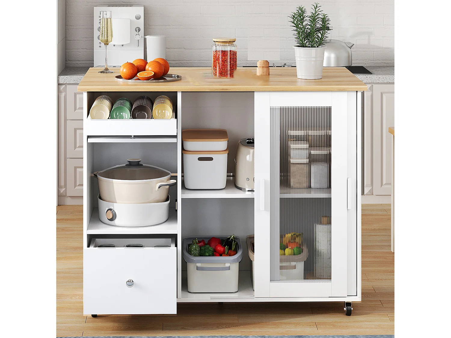 Isla de cocina móvil central - encimera extensible - 2 cajones y 2 puertas correderas - MDF - blanco