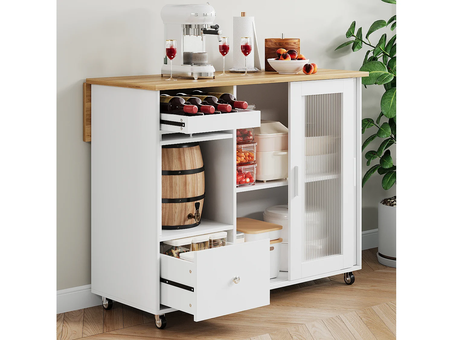 Isla de cocina móvil central - encimera extensible - 2 cajones y 2 puertas correderas - MDF - blanco