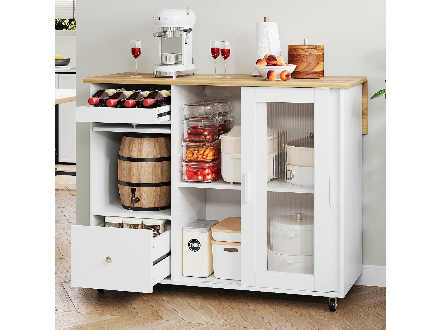 Isla de cocina móvil central - encimera extensible - 2 cajones y 2 puertas correderas - MDF - blanco