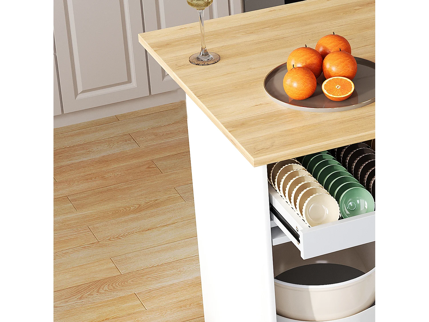 Isla de cocina móvil central - encimera extensible - 2 cajones y 2 puertas correderas - MDF - blanco