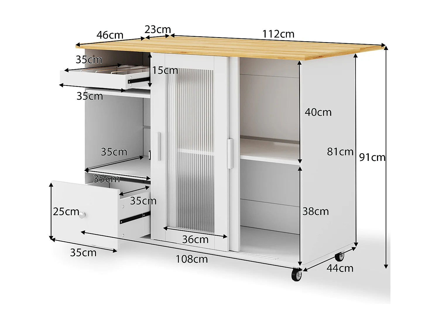 Isla de cocina móvil central - encimera extensible - 2 cajones y 2 puertas correderas - MDF - blanco