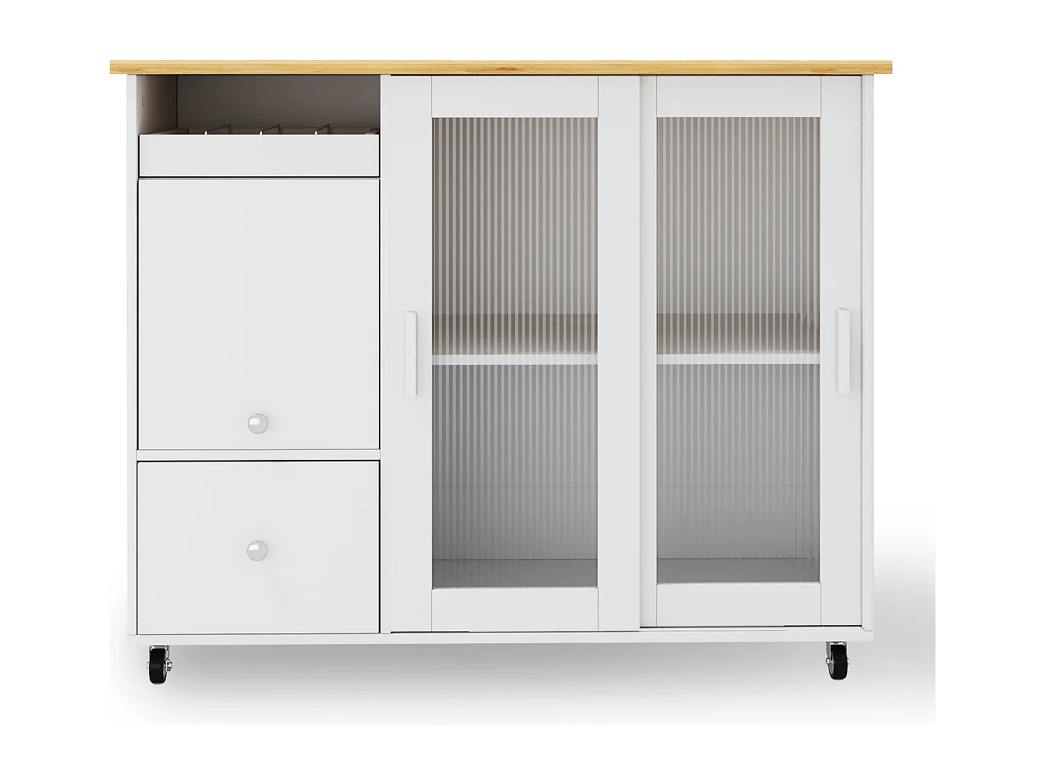 Isla de cocina móvil central - encimera extensible - 2 cajones y 2 puertas correderas - MDF - blanco