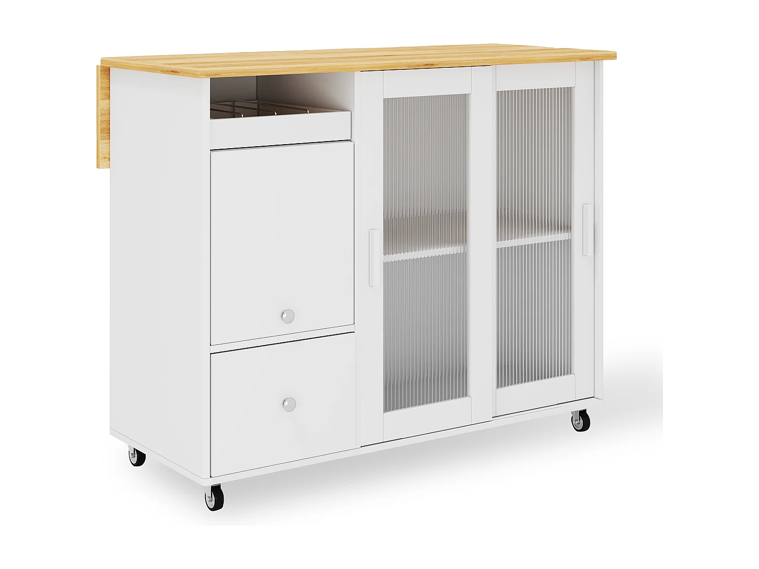 Isla de cocina móvil central - encimera extensible - 2 cajones y 2 puertas correderas - MDF - blanco