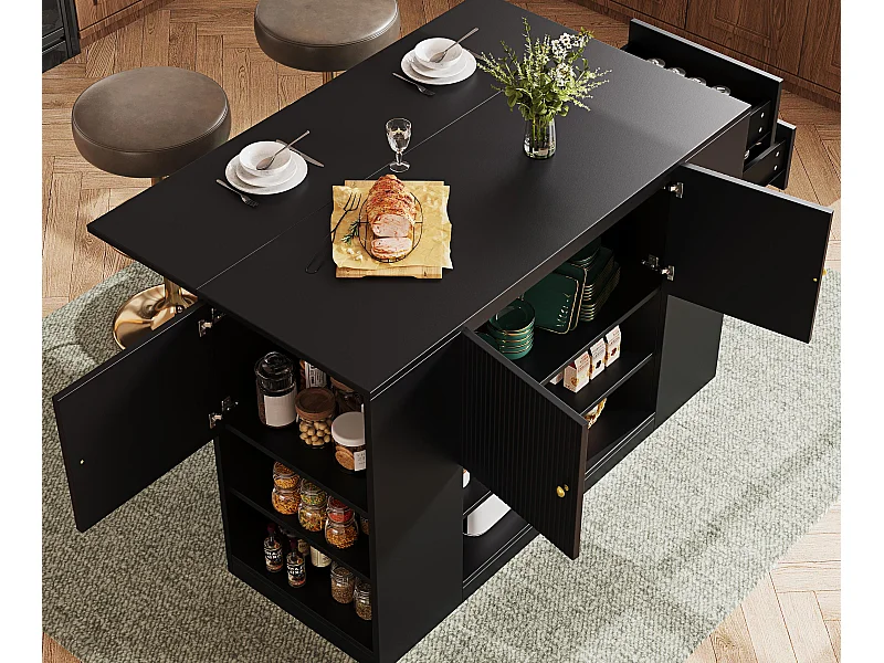 Ilot central de cuisine - Plateau extensible - 2 tiroirs et 3 portes - Avec des étagères ouvertes - MDF - Noir