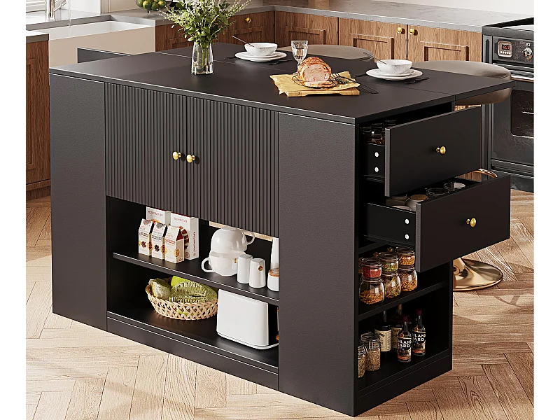 Ilot central de cuisine - Plateau extensible - 2 tiroirs et 3 portes - Avec des étagères ouvertes - MDF - Noir