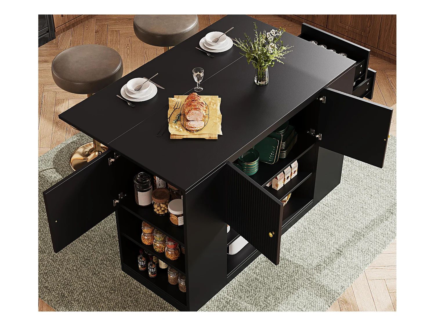 Ilot central de cuisine - Plateau extensible - 2 tiroirs et 3 portes - Avec des étagères ouvertes - MDF - Noir