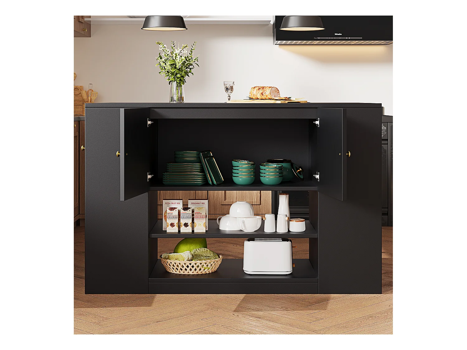 Ilot central de cuisine - Plateau extensible - 2 tiroirs et 3 portes - Avec des étagères ouvertes - MDF - Noir