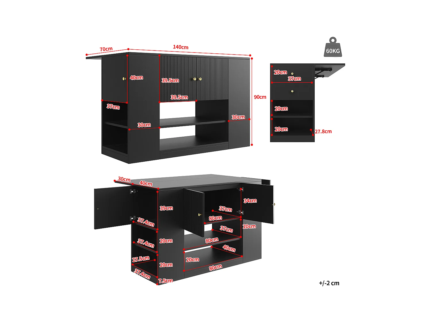Ilot central de cuisine - Plateau extensible - 2 tiroirs et 3 portes - Avec des étagères ouvertes - MDF - Noir