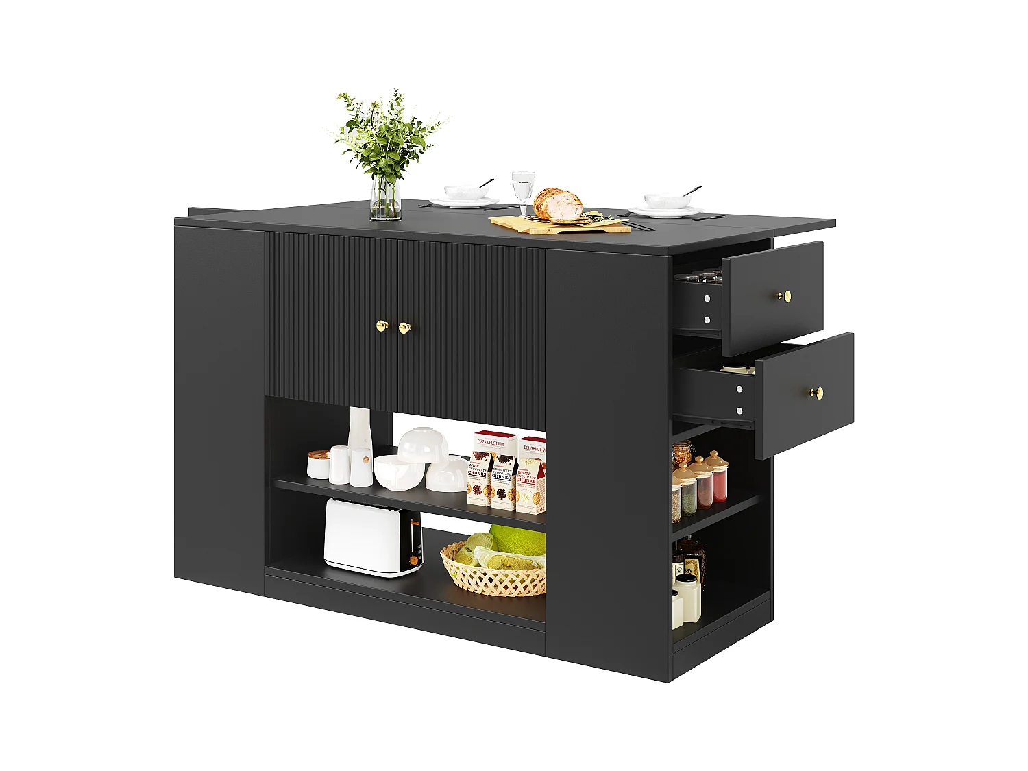 Ilot central de cuisine - Plateau extensible - 2 tiroirs et 3 portes - Avec des étagères ouvertes - MDF - Noir