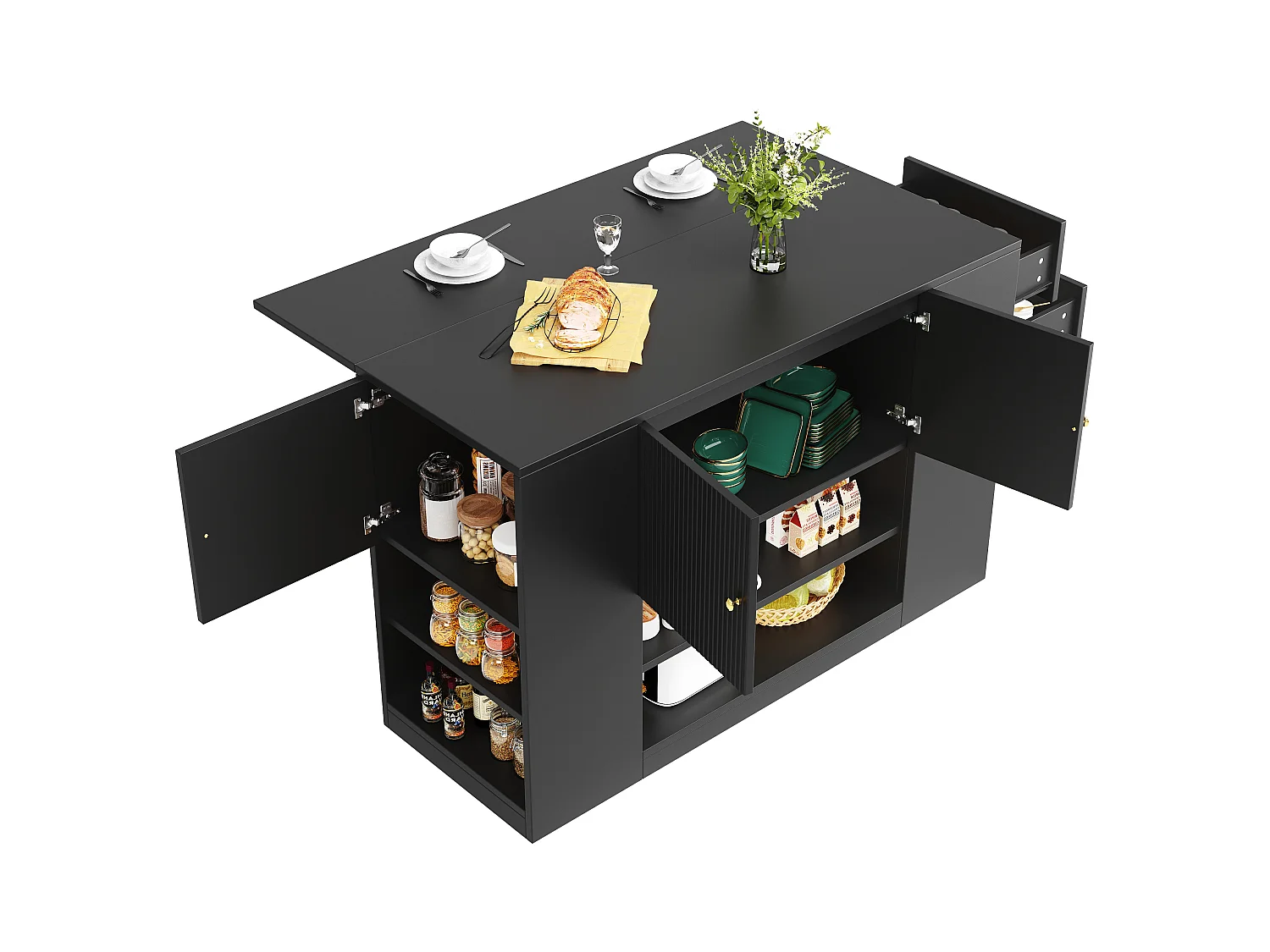 Ilot central de cuisine - Plateau extensible - 2 tiroirs et 3 portes - Avec des étagères ouvertes - MDF - Noir