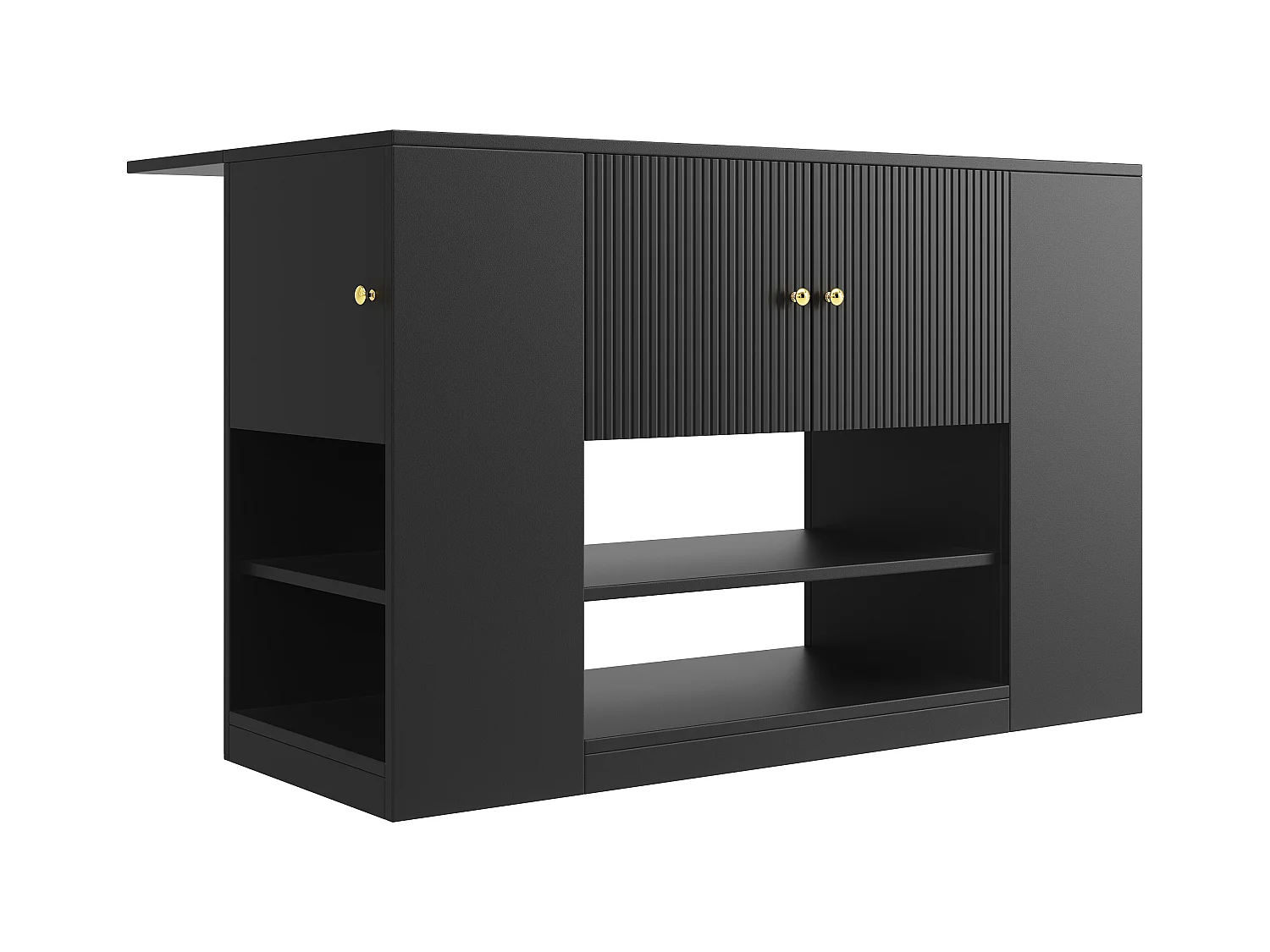 Ilot central de cuisine - Plateau extensible - 2 tiroirs et 3 portes - Avec des étagères ouvertes - MDF - Noir