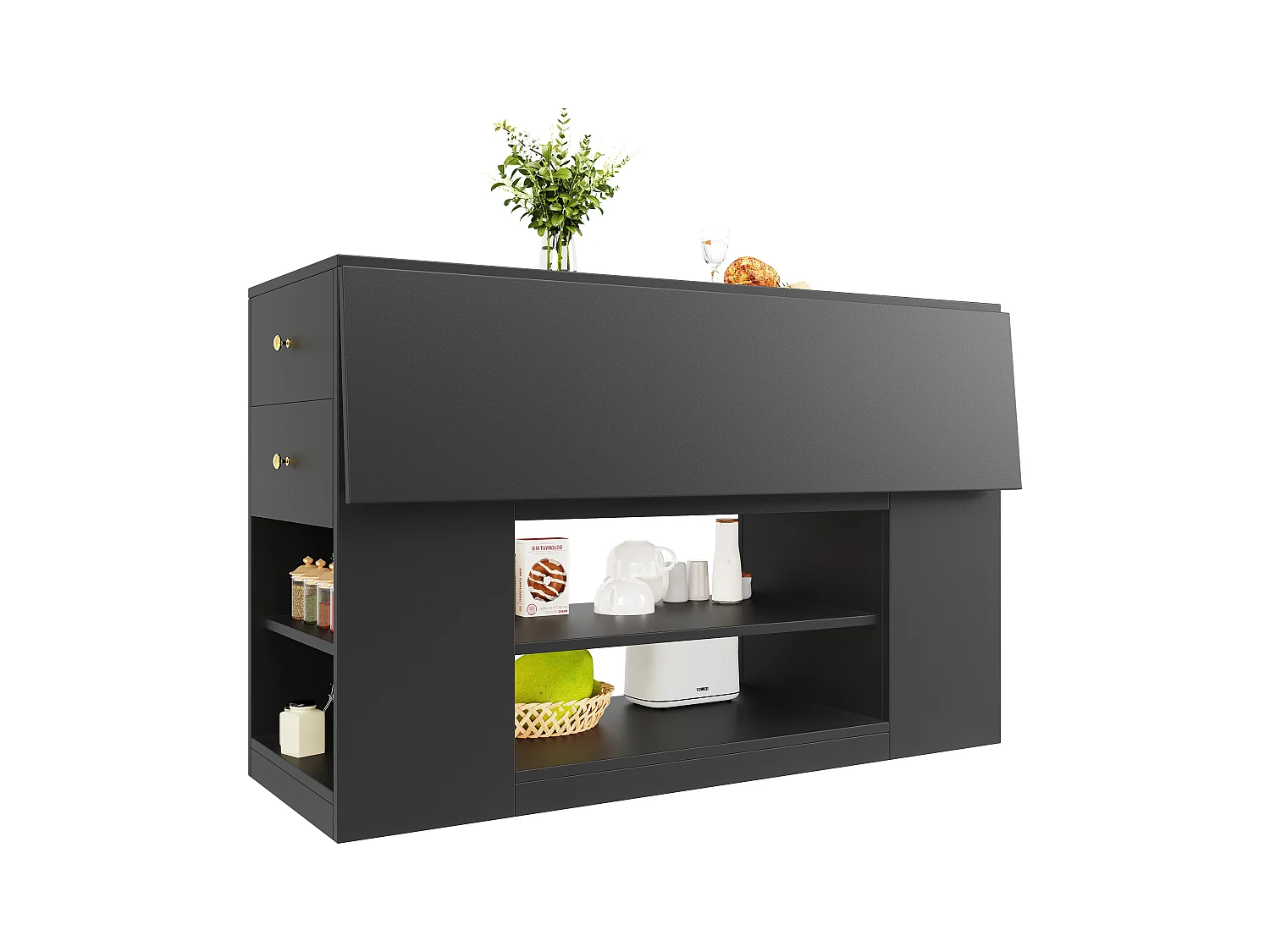 Ilot central de cuisine - Plateau extensible - 2 tiroirs et 3 portes - Avec des étagères ouvertes - MDF - Noir