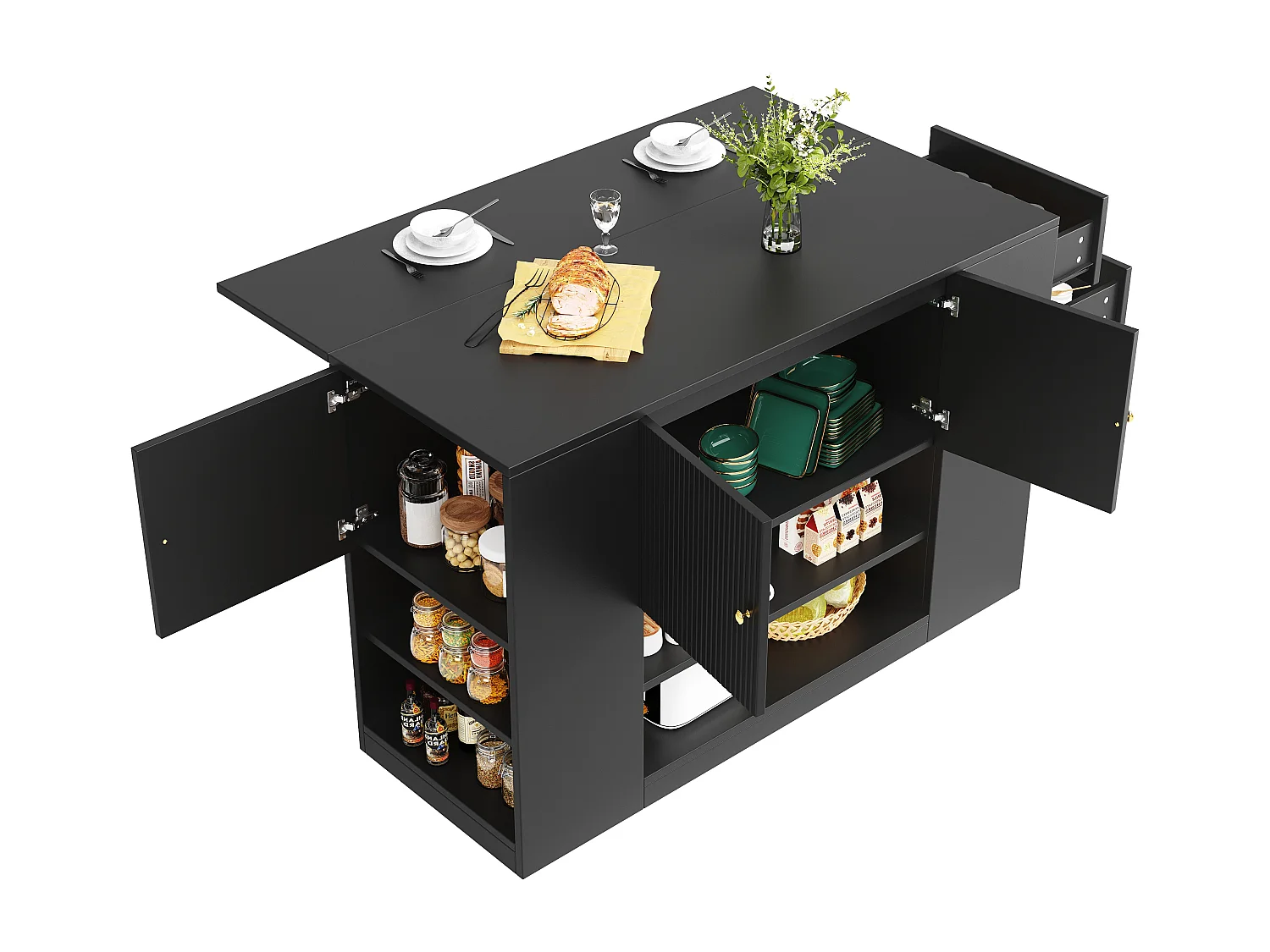 Ilot central de cuisine - Plateau extensible - 2 tiroirs et 3 portes - Avec des étagères ouvertes - MDF - Noir