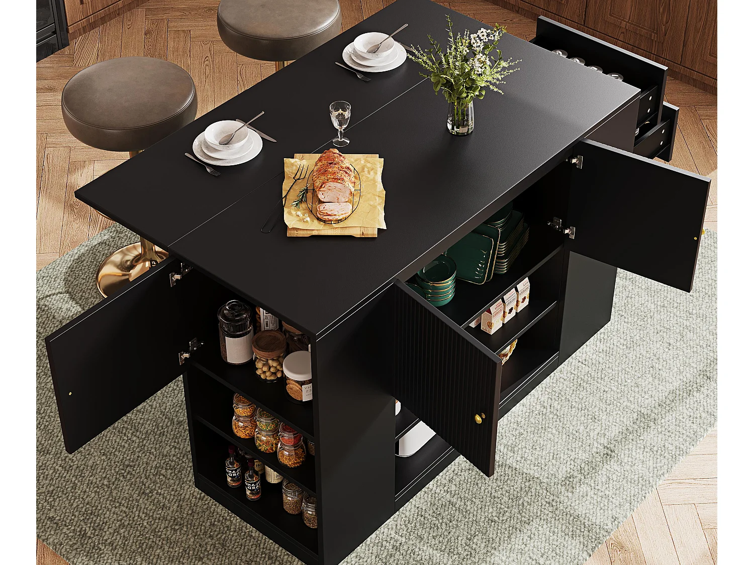 Isla central de cocina - Encimera extensible - 2 cajones y 3 puertas - Con estantes abiertos - MDF - negro