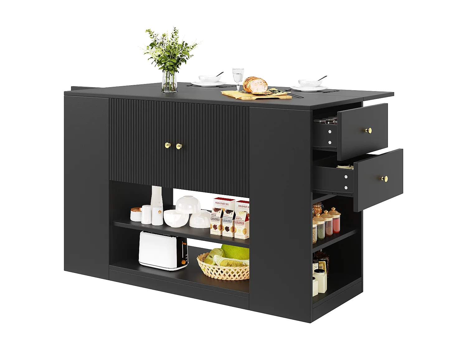 Isla central de cocina - Encimera extensible - 2 cajones y 3 puertas - Con estantes abiertos - MDF - negro