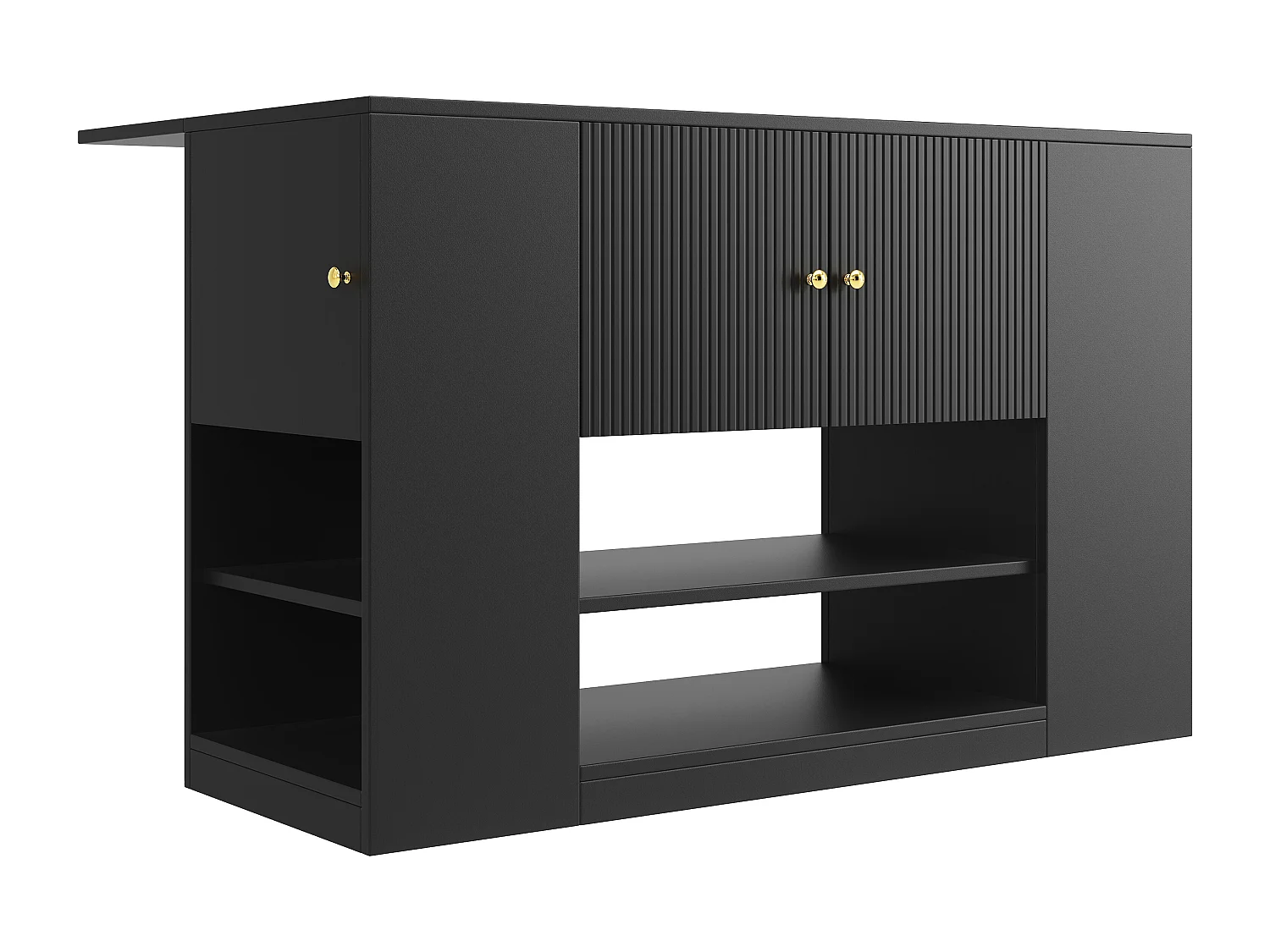 Isla central de cocina - Encimera extensible - 2 cajones y 3 puertas - Con estantes abiertos - MDF - negro