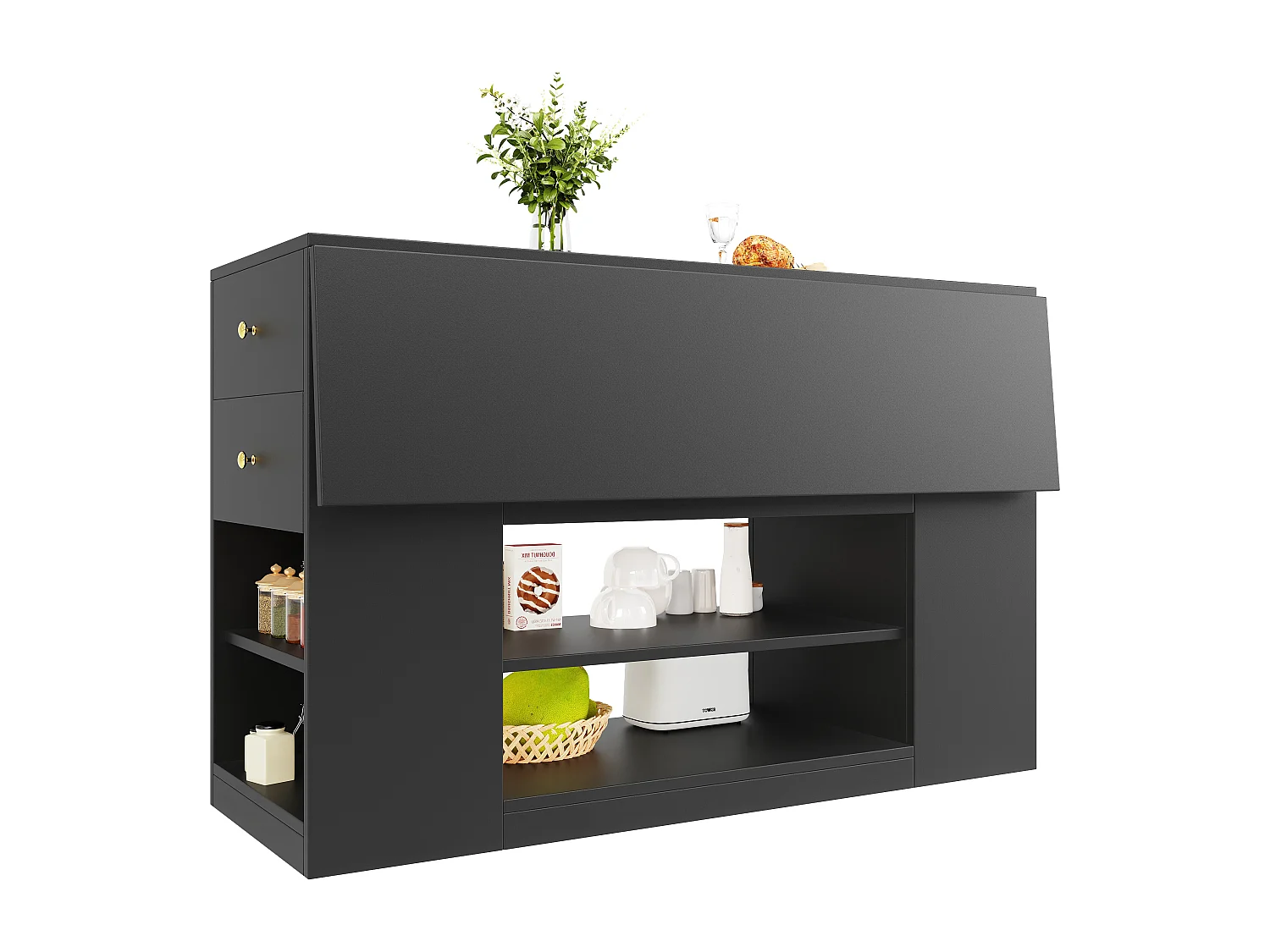 Isla central de cocina - Encimera extensible - 2 cajones y 3 puertas - Con estantes abiertos - MDF - negro