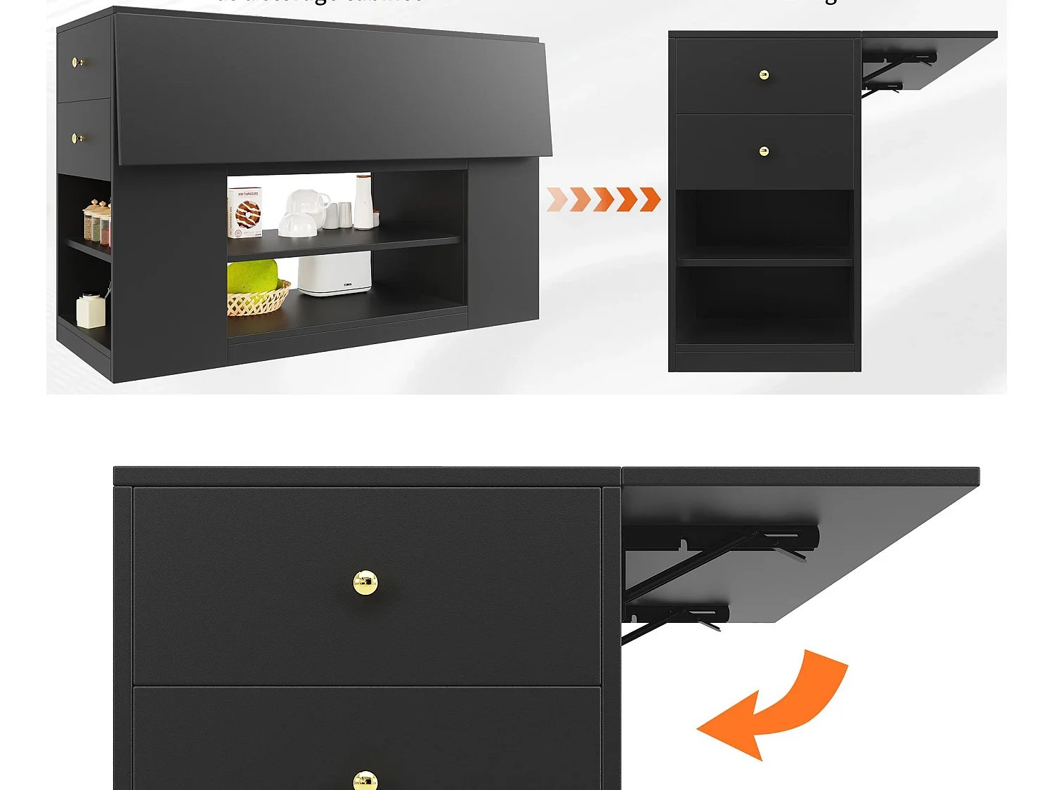 Ilha central de cozinha - Tampos extensíveis - 2 gavetas e 3 portas - Com prateleiras abertas - MDF - preto