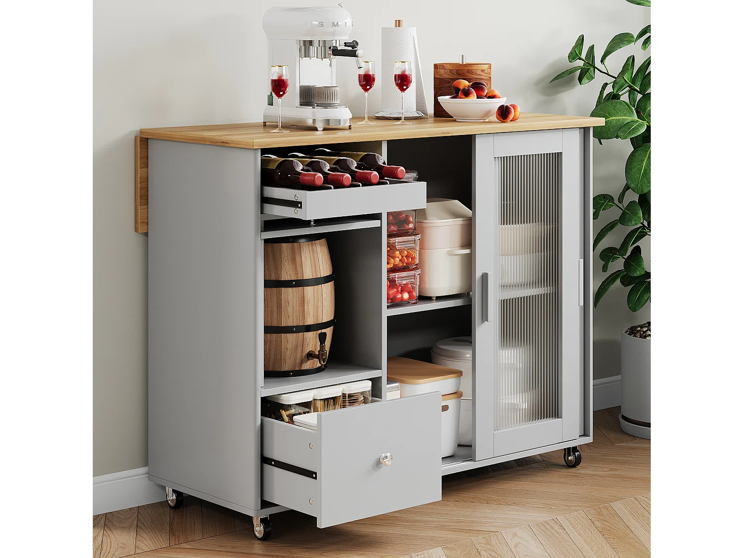 Mobilna wyspa kuchenna - blat rozsuwany - 2 szuflady i 2 drzwi przesuwne - MDF - szary