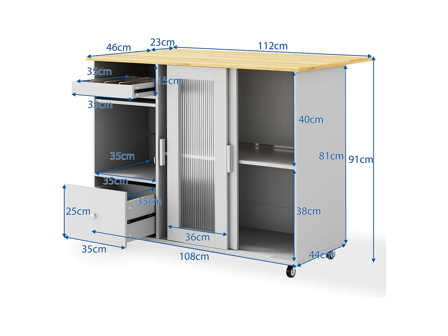 Mobilna wyspa kuchenna - blat rozsuwany - 2 szuflady i 2 drzwi przesuwne - MDF - szary