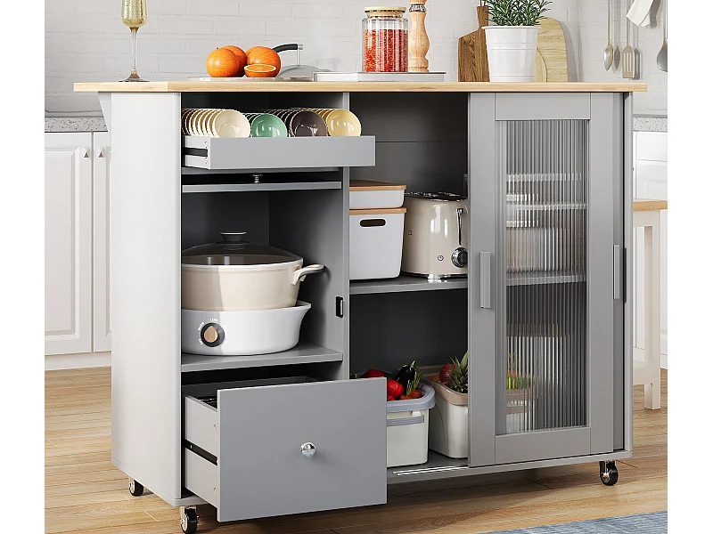 Ilot central de cuisine mobile - plateau extensible - 2 tiroirs et 2 portes coulissante - MDF - Gris