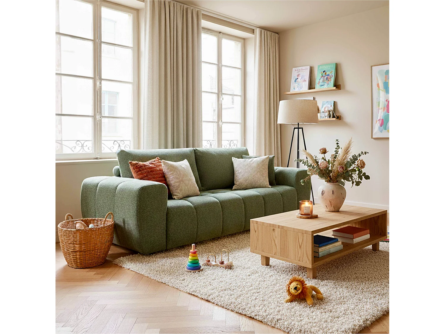 Canapé droit 3 places vert L 238 cm