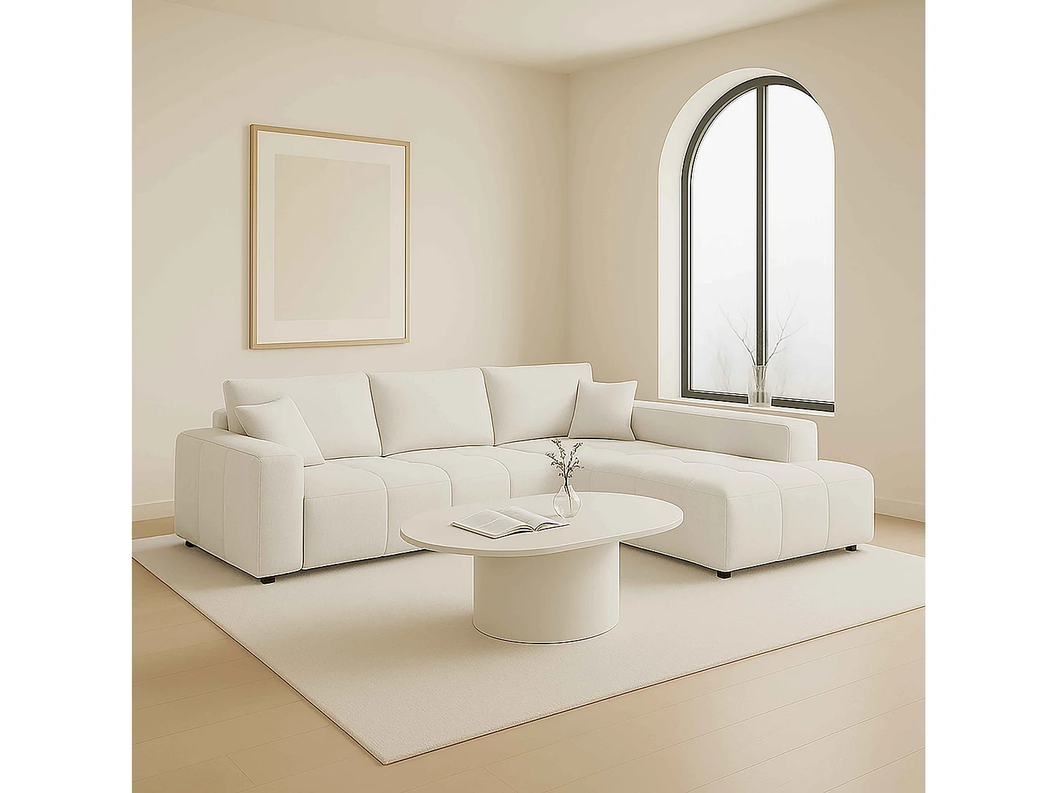 Canapé d'angle droit en tissu 3 places écru L 270 cm