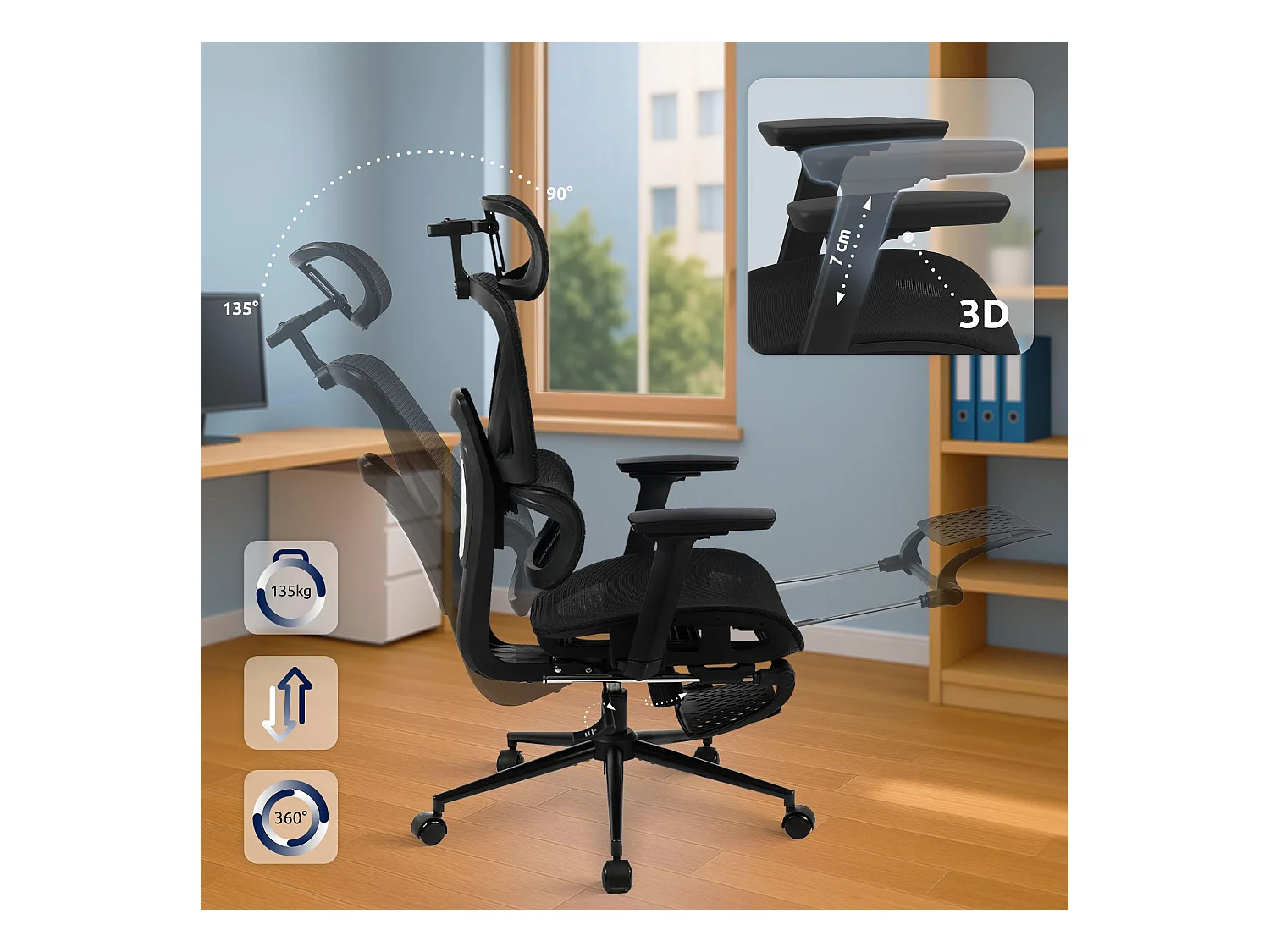 Chaise de bureau - Tissu - Noir - Beresford