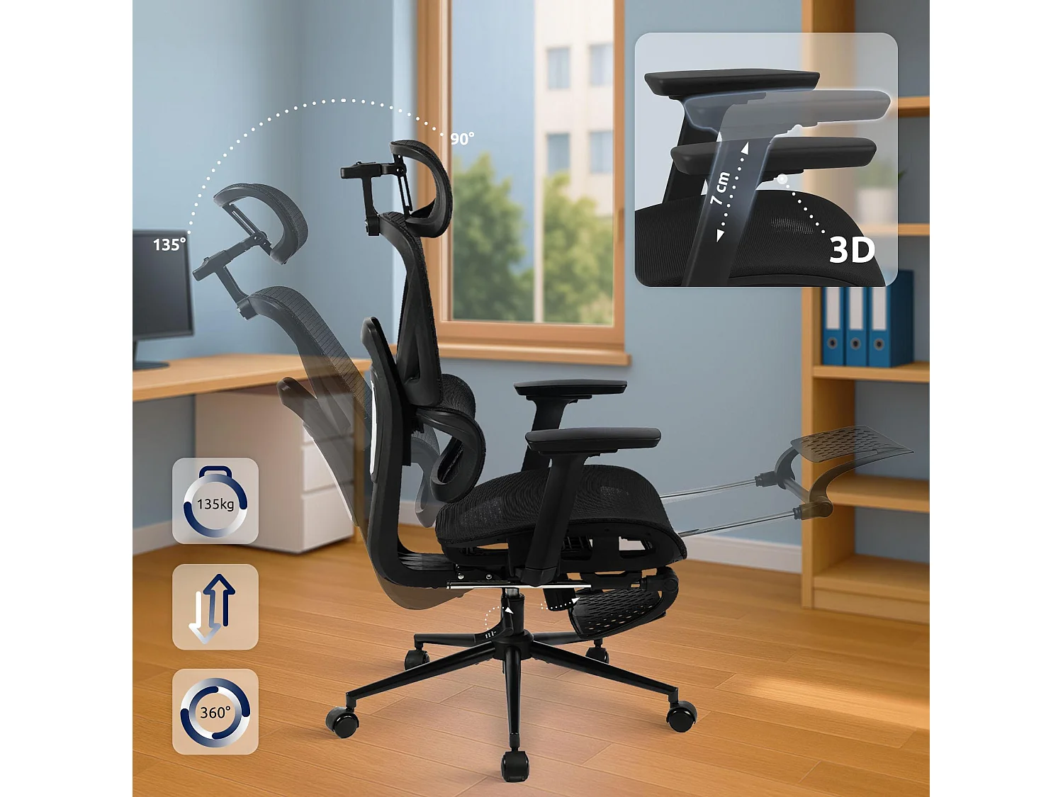 Chaise de bureau - Tissu - Noir - Beresford