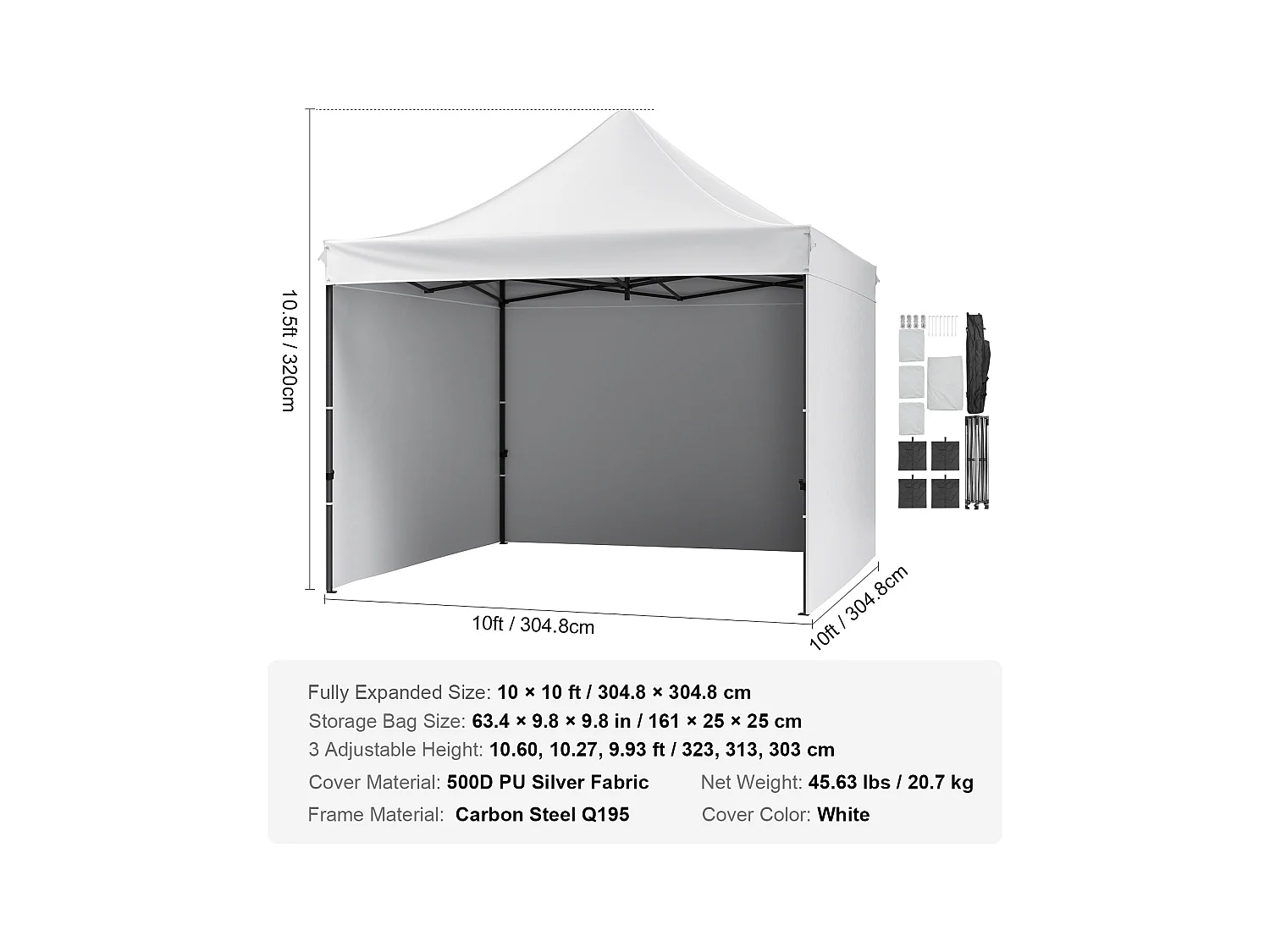 Tonnelle SucceBuy Auvent Pop-Up Blanc de 3 x 3 m avec Parois Latérales, Sac