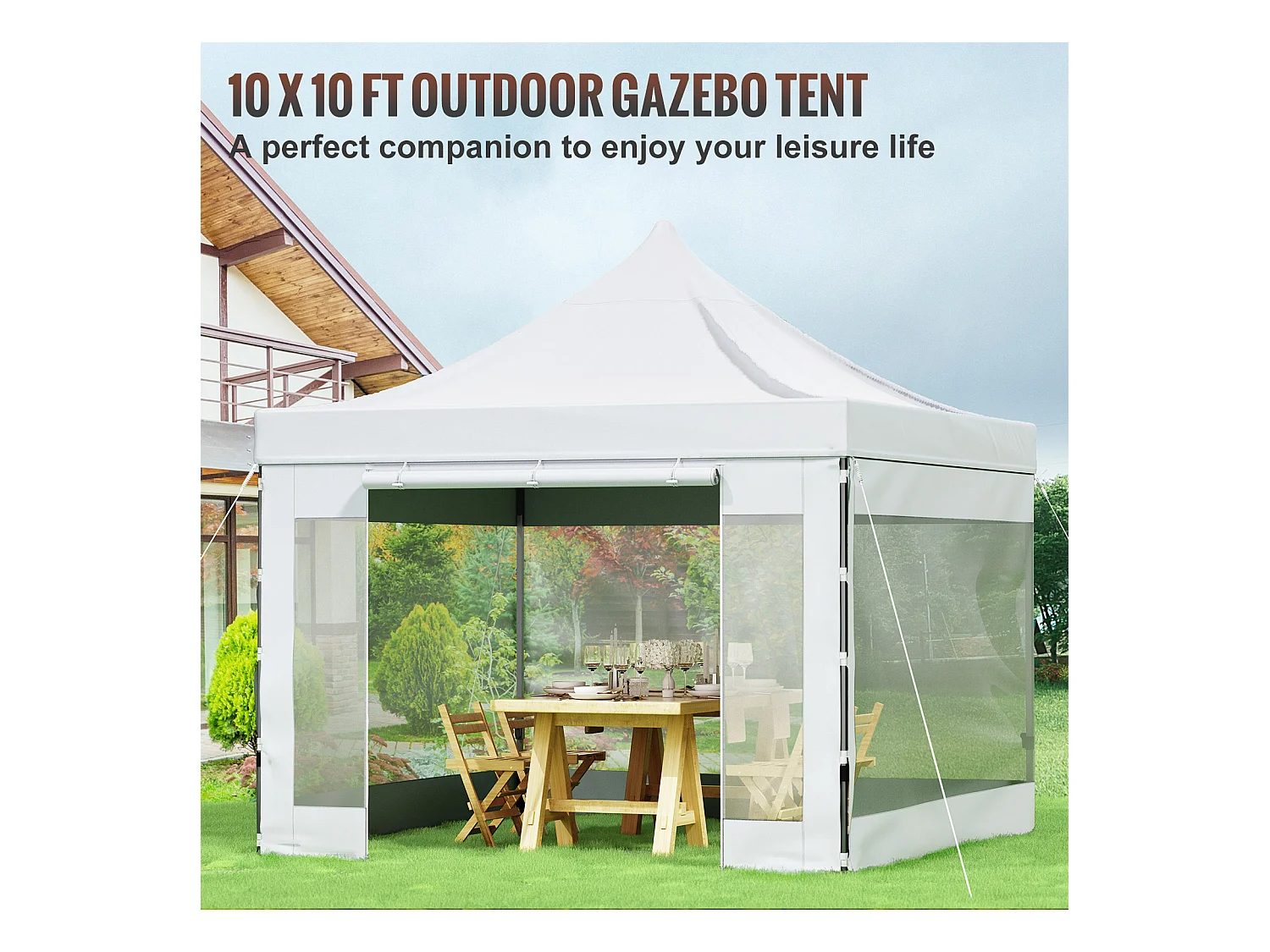 Tonnelle SucceBuy Tente à Baldaquin Escamotable Gazebo D'extérieur 10 x 10 Pi Parois Latérales Blanc