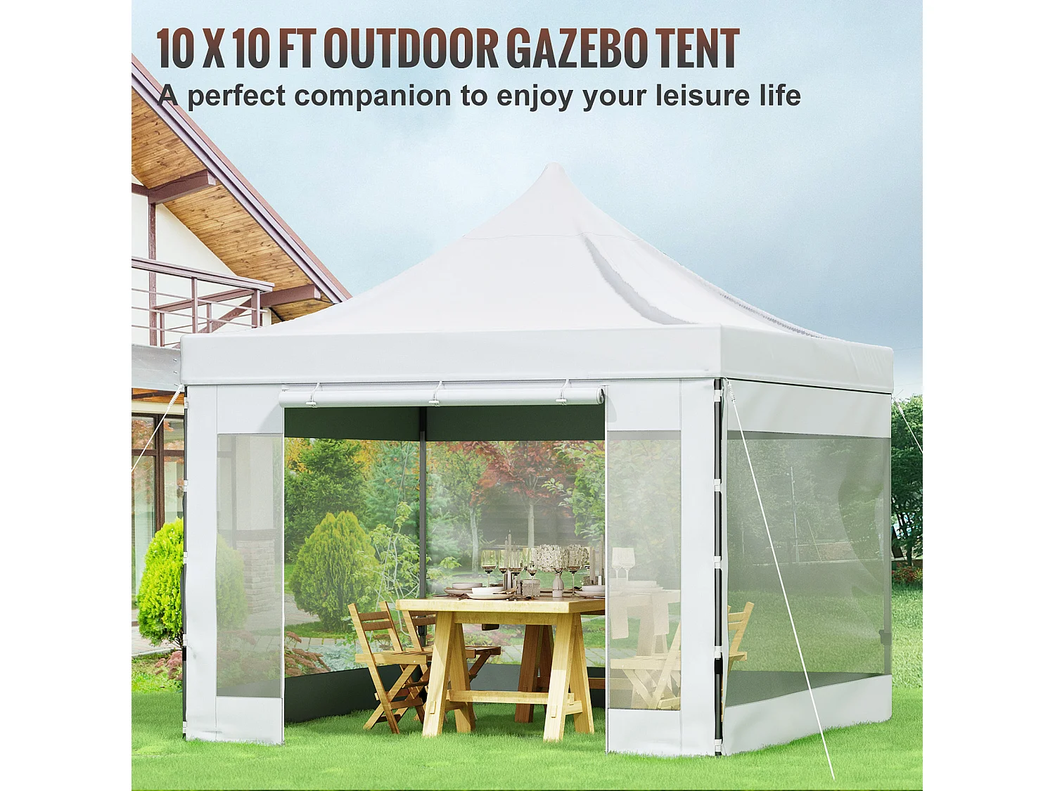Tonnelle SucceBuy Tente à Baldaquin Escamotable Gazebo D'extérieur 10 x 10 Pi Parois Latérales Blanc