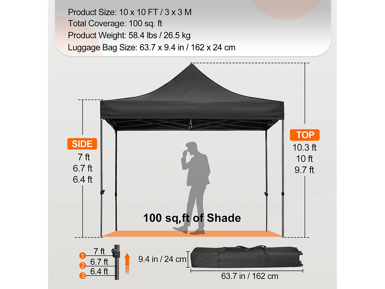 10x10 FT Pop-Up Luifeltent SucceBuy ,Buitengazebo met Zijwanden, Zwart