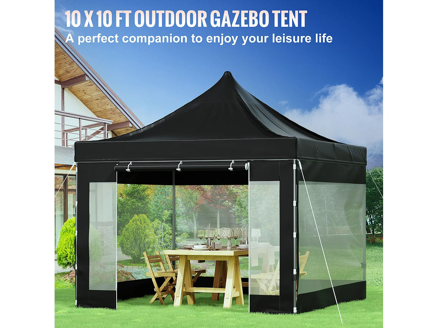 10x10 FT Pop-Up Luifeltent SucceBuy ,Buitengazebo met Zijwanden, Zwart