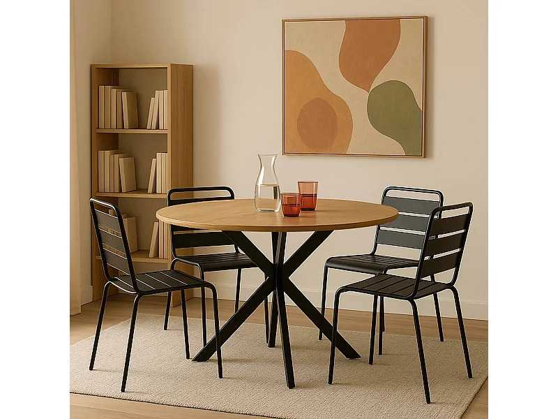 Table à manger ronde en MDF et aluminium noir et bois