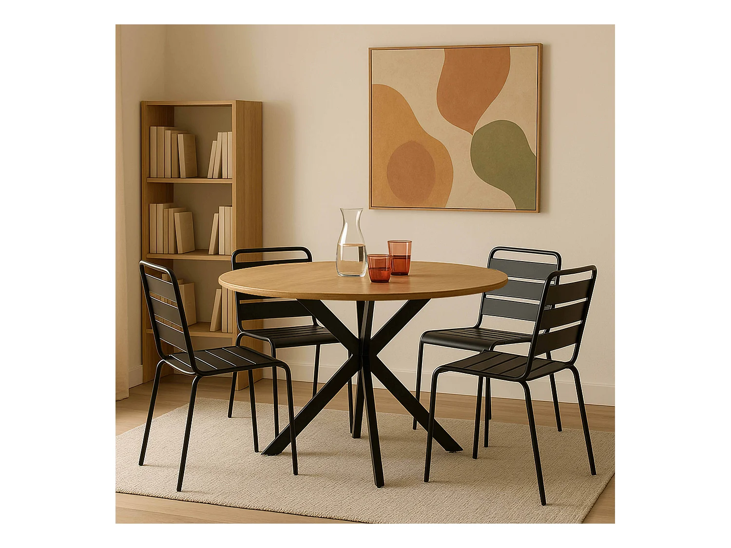 Table à manger ronde en MDF et aluminium noir et bois