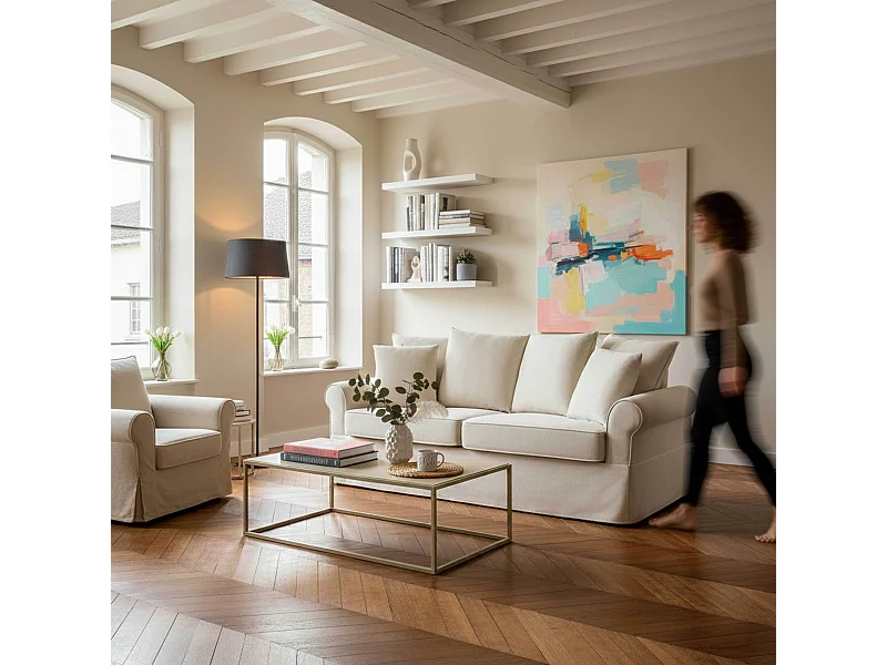 3-zits rechte bank in ecru polyester L 200 cm