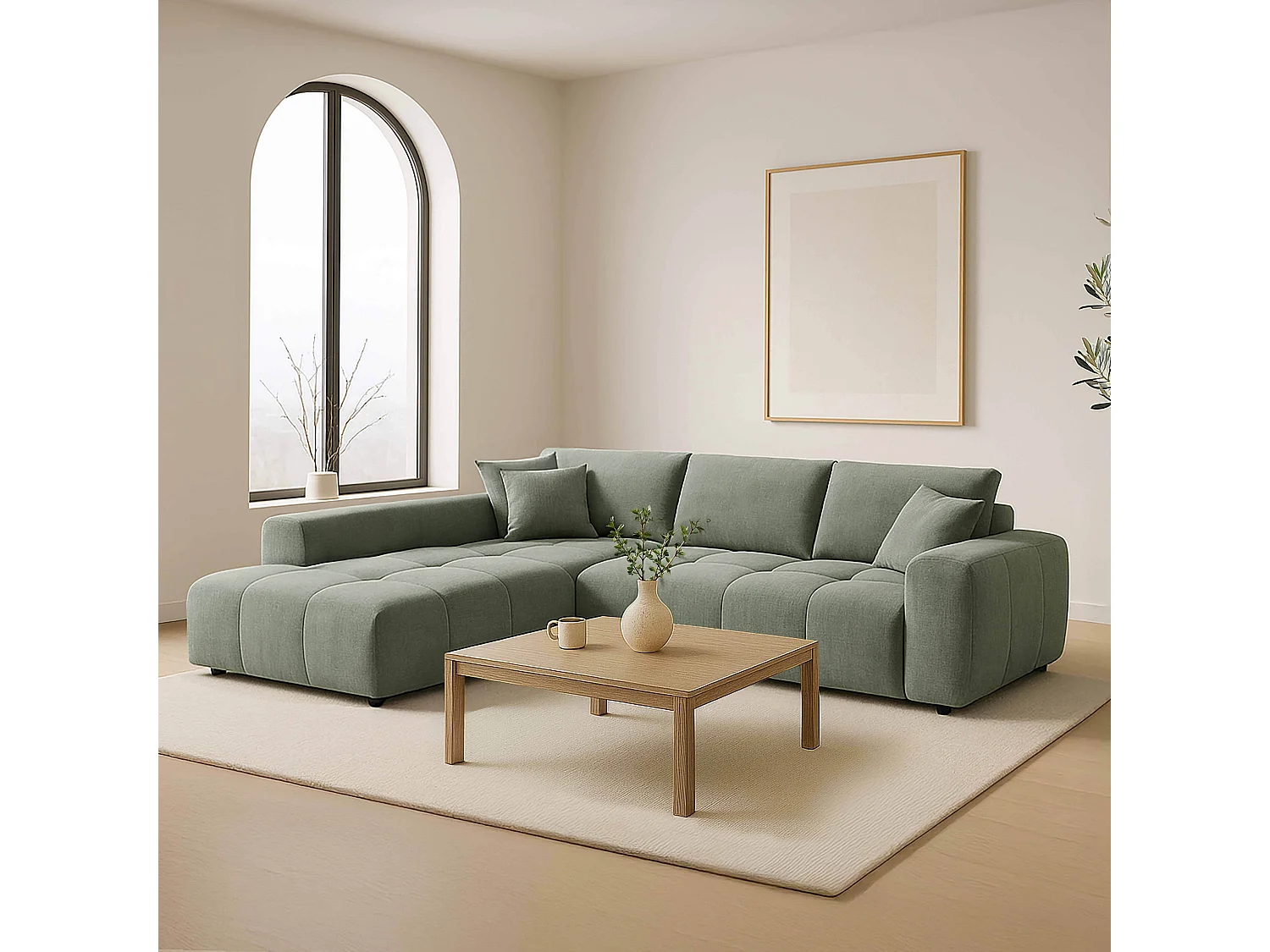 Canapé d'angle gauche en tissu 3 places vert L 270 cm