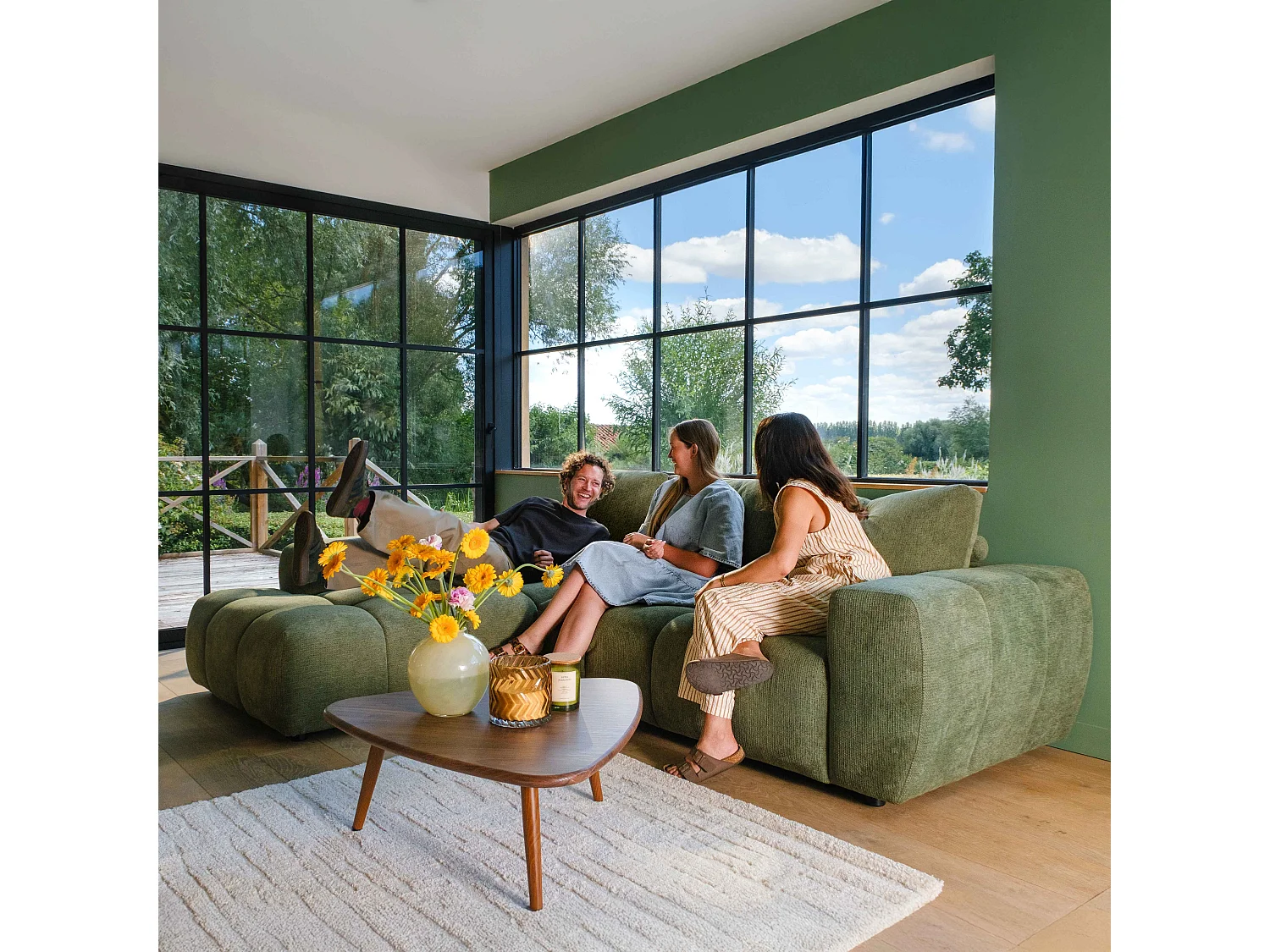 Canapé d'angle gauche en tissu 3 places vert L 270 cm