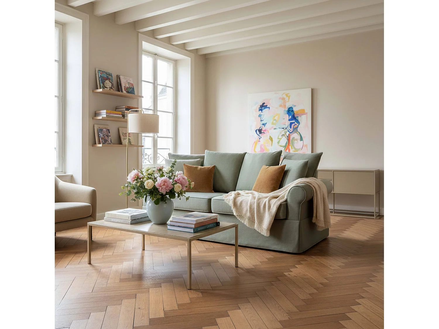 Rechte 3-zitsbank in groen polyester L 200 cm