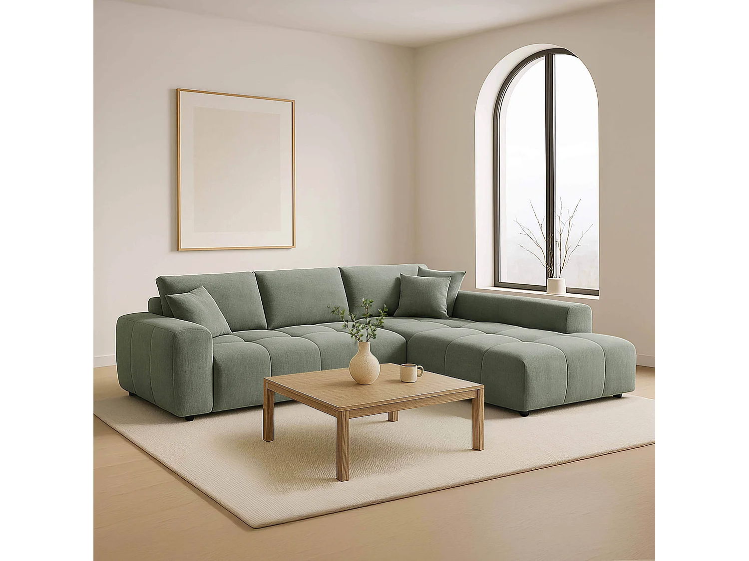 Hoekbank met chaise longue rechts in groene 3-zitsstof L 270 cm