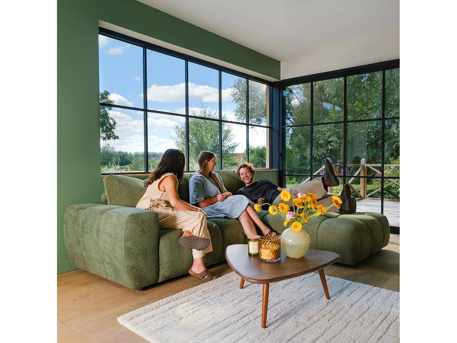 Hoekbank met chaise longue rechts in groene 3-zitsstof L 270 cm