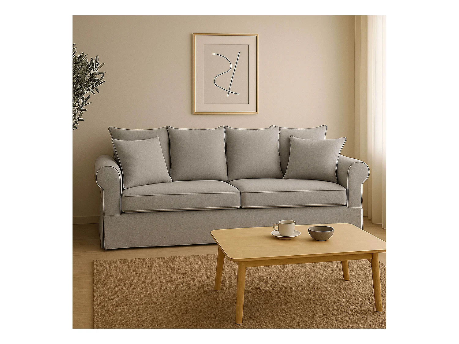 Canapé droit 3 places en polyester gris clair