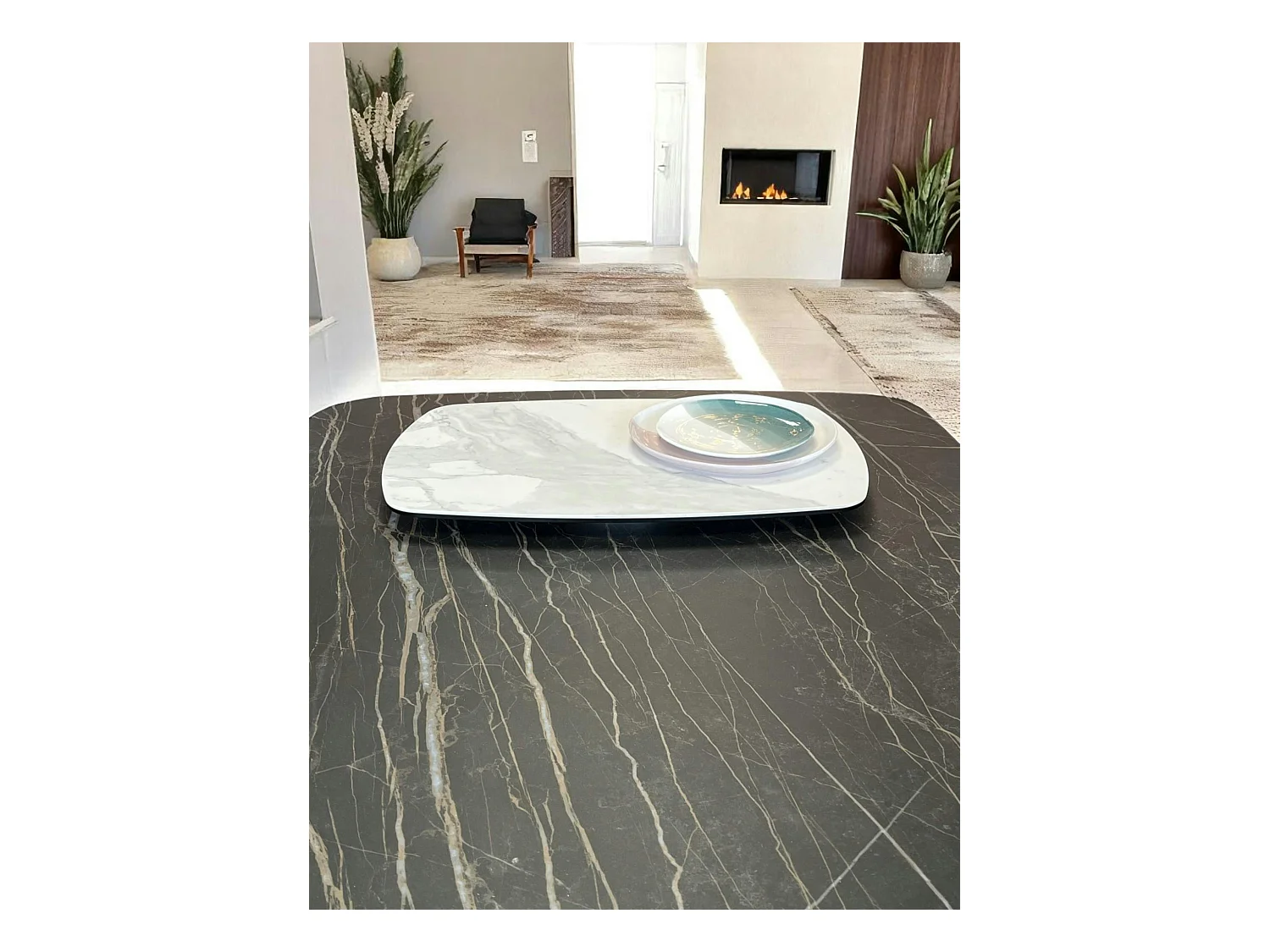 Plateau tournant apéritif en céramique blanche marbrée LOMBARDIE