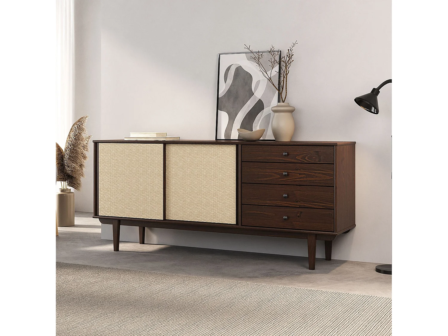 Buffet en bois SIMONA L 175 cm coloris noyer avec 4 Tiroirs 2 Portes Coulissantes, pour Salon ou Salle à manger