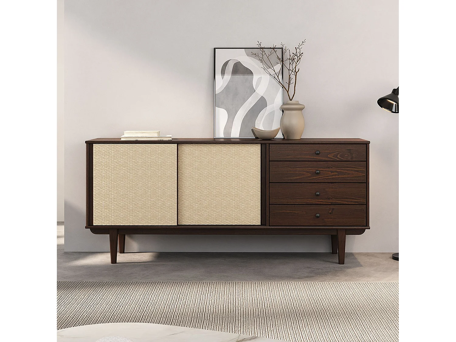 Buffet en bois SIMONA L 175 cm coloris noyer avec 4 Tiroirs 2 Portes Coulissantes, pour Salon ou Salle à manger